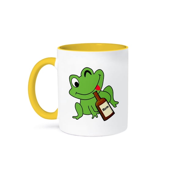 3dRose, Image of Cartoon Green Frog Drinks From Beer Bottle, 11oz Two-Tone Yellow Mug