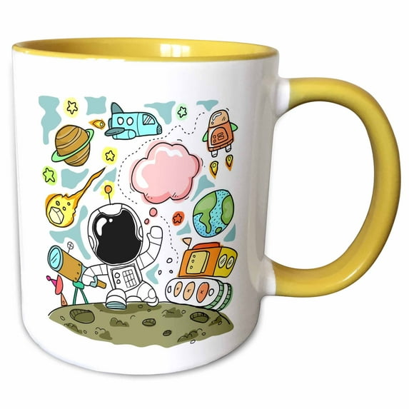 3drose, Image of Cartoon Objects in Space, 15oz Two-tone Yellow Mug
