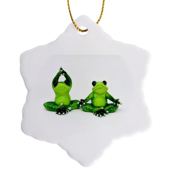 3drose, Image of Cartoon of 2 Frogs Doing Yoga, 3 inch Snowflake Porcelain Ornament