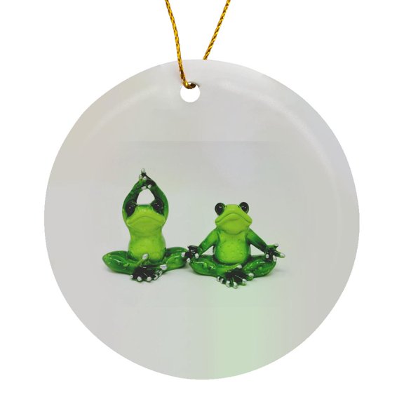 3drose, Image of Cartoon of 2 Frogs Doing Yoga, Circle Porcelain Ornament