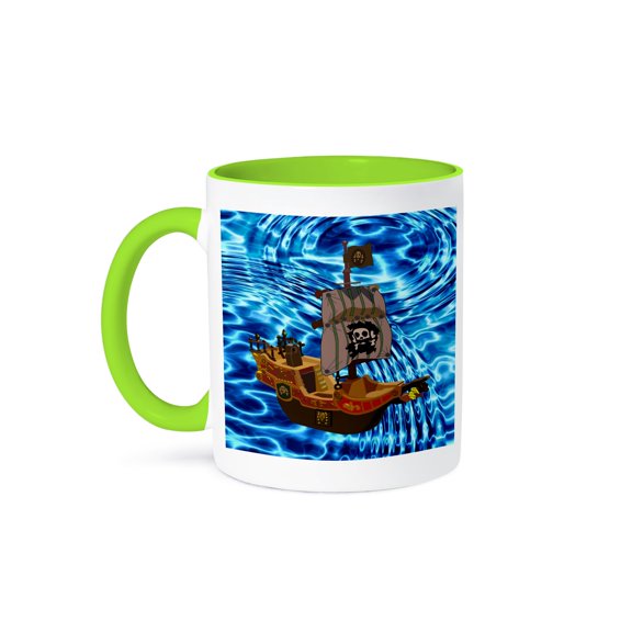 3drose, Image of Cartoon Pirate Ship on Real Sea, 11oz Two-tone Green Mug
