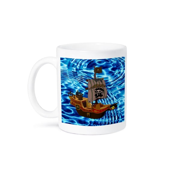 3drose, Image of Cartoon Pirate Ship on Real Sea, 15oz Mug