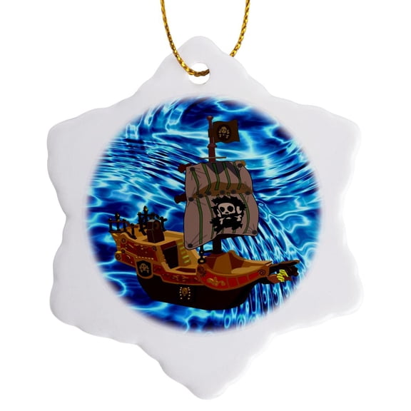 3drose, Image of Cartoon Pirate Ship on Real Sea, 3 inch Snowflake Porcelain Ornament