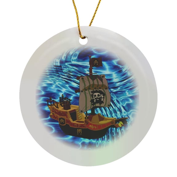3drose, Image of Cartoon Pirate Ship on Real Sea, Circle Porcelain Ornament
