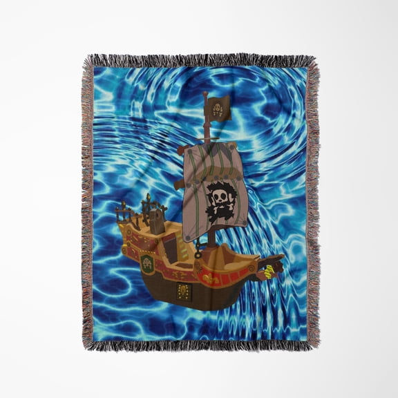 Image Of Cartoon Pirate Ship On Real Sea, Woven Blanket