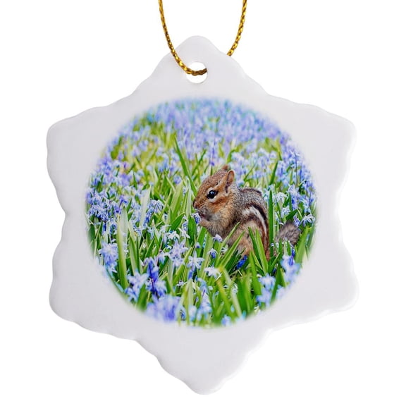 3drose, Image of Chipmunk Eating Among Field of Violet Flowers, 3 inch Snowflake Porcelain Ornament