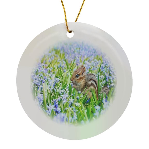 3drose, Image of Chipmunk Eating Among Field of Violet Flowers, Circle Porcelain Ornament