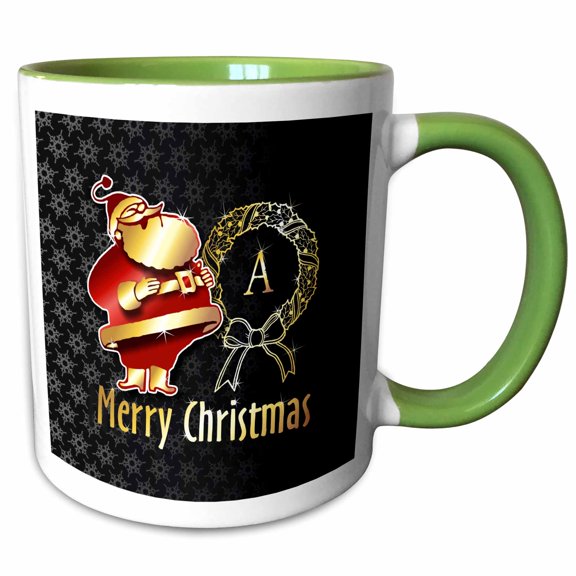 3drose, Image of Christmas Santa Claus Monogram- Letter A- Not Foil Embossed, 11oz Two-tone Green Mug