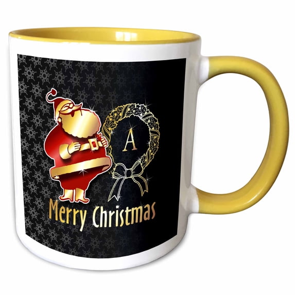 3drose, Image of Christmas Santa Claus Monogram- Letter A- Not Foil Embossed, 11oz Two-tone Yellow Mug