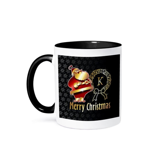 3drose, Image of Christmas Santa Claus Monogram- Letter K- Not Foil Embossed, 11oz Two-tone Black Mug