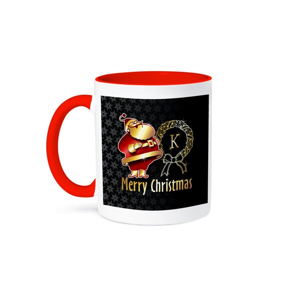 3drose, Image of Christmas Santa Claus Monogram- Letter K- Not Foil Embossed, 15oz Two-tone Red Mug