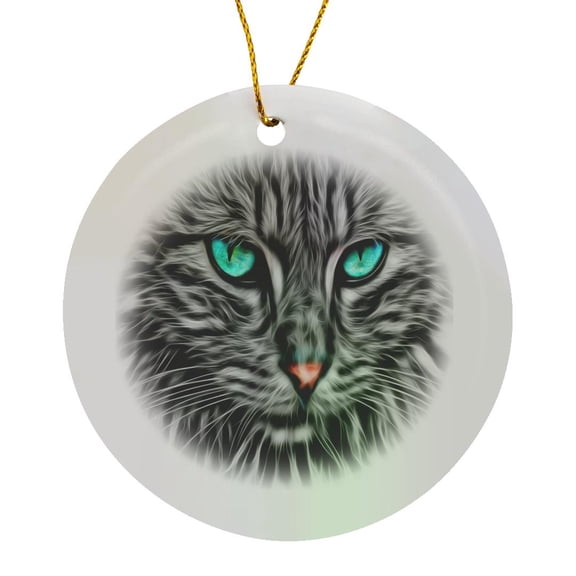 3drose, Image of Closeup of Cat Face in Black and White with Green Eyes, Circle Porcelain Ornament