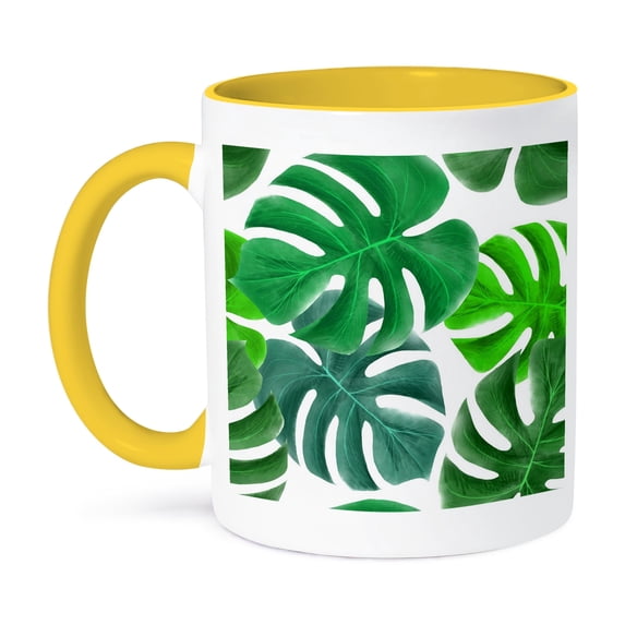 3dRose, Image of Closeup Of Tropical Leaves On White Background, 15oz Two-Tone Yellow Mug