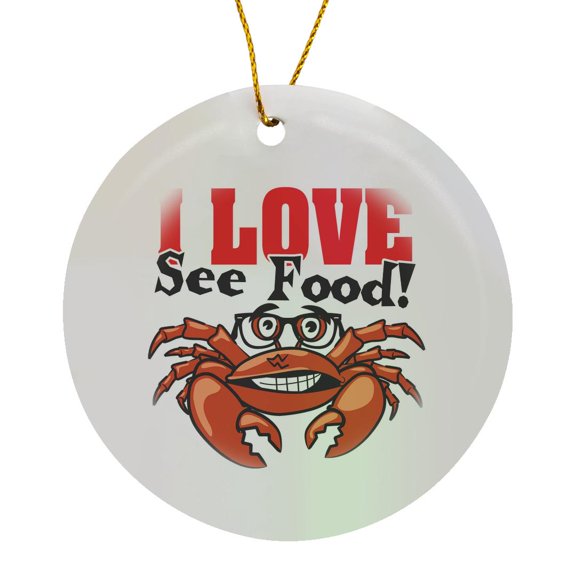 3drose, Image of Crab Wearing Glasses with I Love See Food Words, Circle Porcelain Ornament