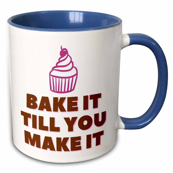3drose, Image of Cupcake with Text of Bake It Till You Make It, 15oz Two-tone Blue Mug