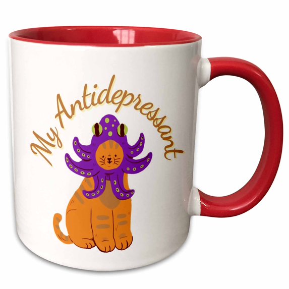 3drose, Image of Cute Cat with Octopus, 11oz Two-tone Red Mug