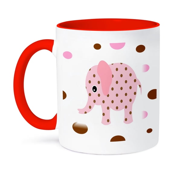 3dRose, Image Of Cute Pink n Brown Cartoon Elephant on Match Dots, 15oz Two-Tone Red Mug