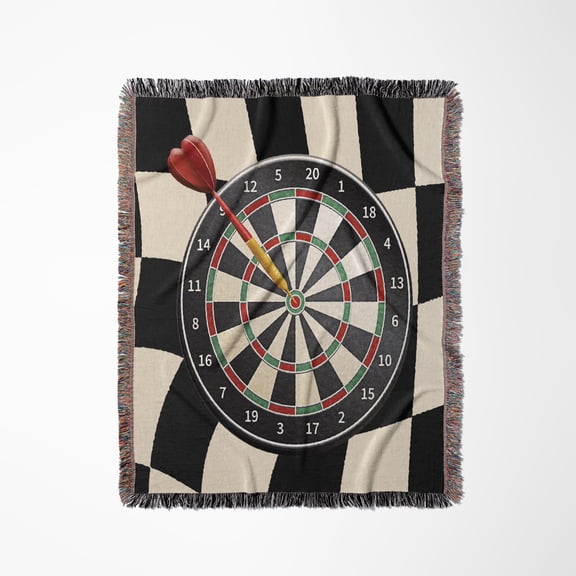 Image Of Dart Board With Dart In Bulls Eye, Black, Red, And Green , Woven Blanket