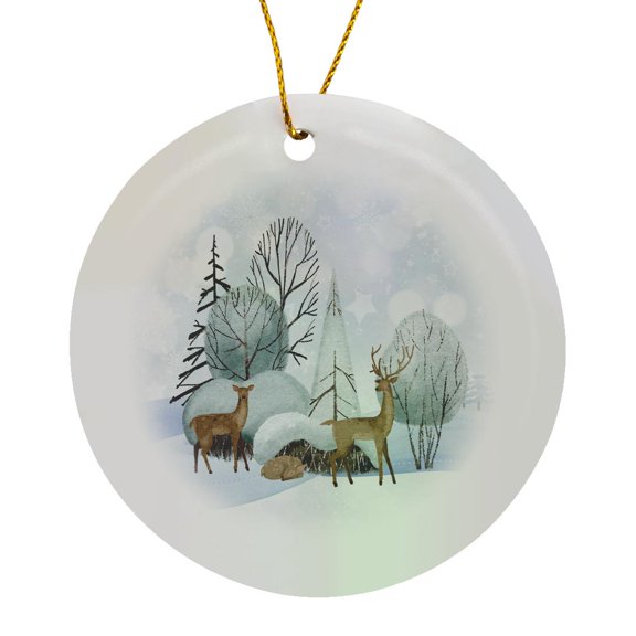 3drose, Image of Deer Family in Winter Scene, Circle Porcelain Ornament