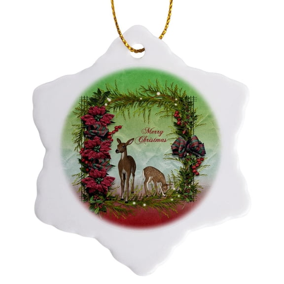 3drose, Image of Deer, Poinsettia, Pine, Plaid Bows Frame, Merry Christmas, 3 inch Snowflake Porcelain Ornament