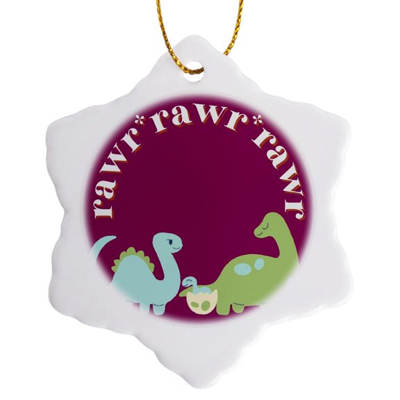 3drose, Image of Dinosaur with Text of Rawr, 3 inch Snowflake Porcelain Ornament
