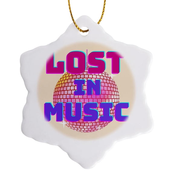 3drose, Image of Disco Ball with Text of Lost in Music, 3 inch Snowflake Porcelain Ornament