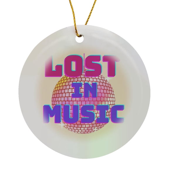 3drose, Image of Disco Ball with Text of Lost in Music, Circle Porcelain Ornament