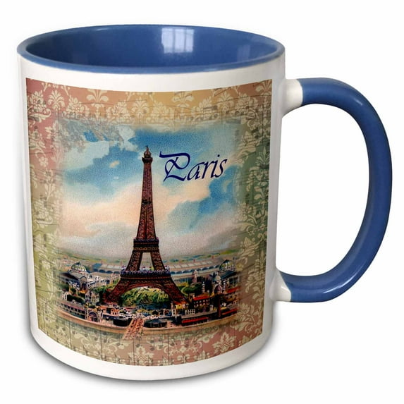 3drose, Image of Eiffel Tower on Old Music Sheet with Word Paris, 11oz Two-tone Blue Mug
