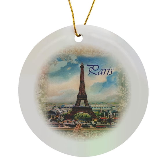 3drose, Image of Eiffel Tower on Old Music Sheet with Word Paris, Circle Porcelain Ornament