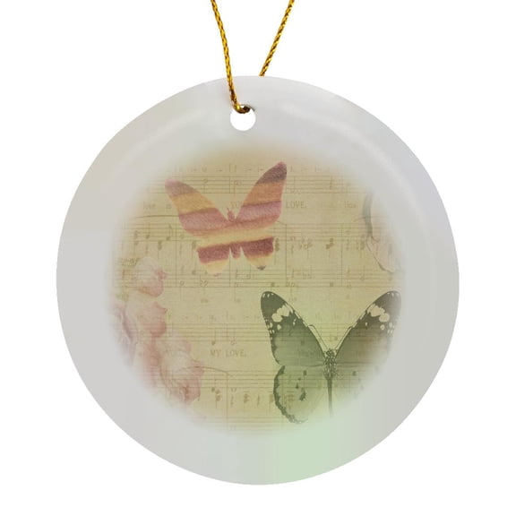 3drose, Image of Faded Music Sheet with Butterflies and Roses, Circle Porcelain Ornament