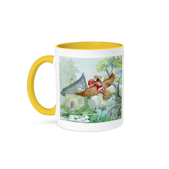 3drose, Image of Fairytale Scene with Girl Riding Bird and Aqua Butterfly, 11oz Two-tone Yellow Mug