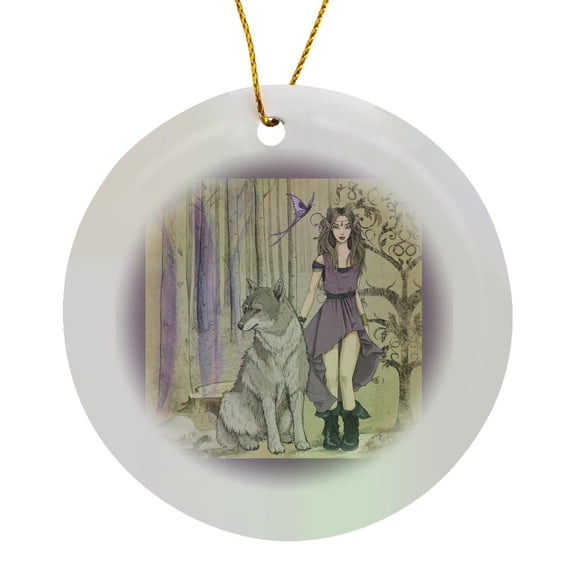 3drose, Image of Fantasy Girl Elf with Wolf at Her Side, Circle Porcelain Ornament
