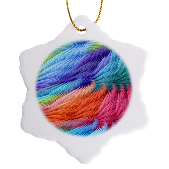 3drose, Image of Feathers Soft in Orange Pink Blue Aqua, 3 inch Snowflake Porcelain Ornament
