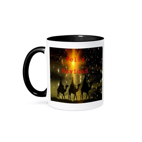 Image Of Feliz Navidad With Three Wise Men On Camels And Bright Star, 11oz Two-Tone Black Mug