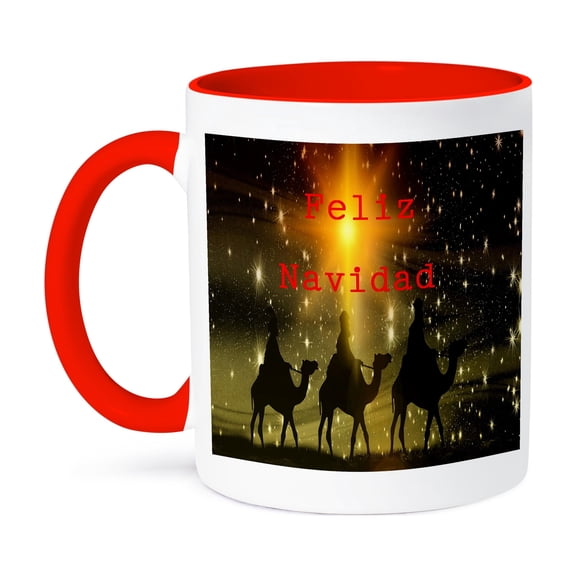 Image Of Feliz Navidad With Three Wise Men On Camels And Bright Star, 11oz Two-Tone Red Mug