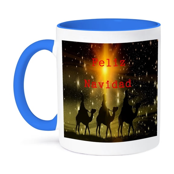 Image Of Feliz Navidad With Three Wise Men On Camels And Bright Star, 15oz Two-Tone Blue Mug