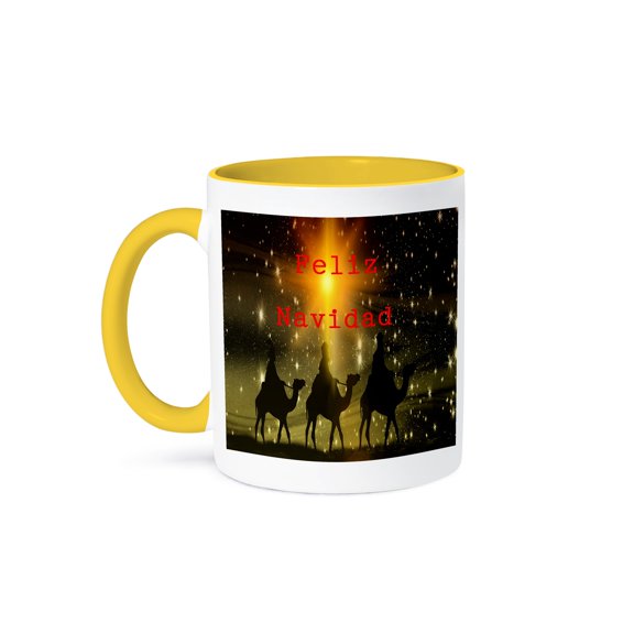Image Of Feliz Navidad With Three Wise Men On Camels And Bright Star, 15oz Two-Tone Yellow Mug