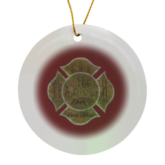 3drose, Image of Firefighter Emblem Design, Gray Ribbon Look on Red or Maroon, Circle Porcelain Ornament