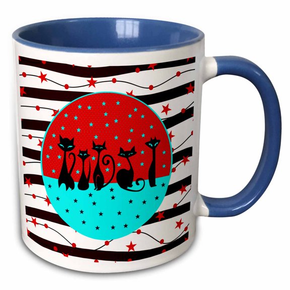 3drose, Image of Five Black Cats, Aqua Eyes, Stars, Waves, Circle, Red, Black, 11oz Two-tone Blue Mug