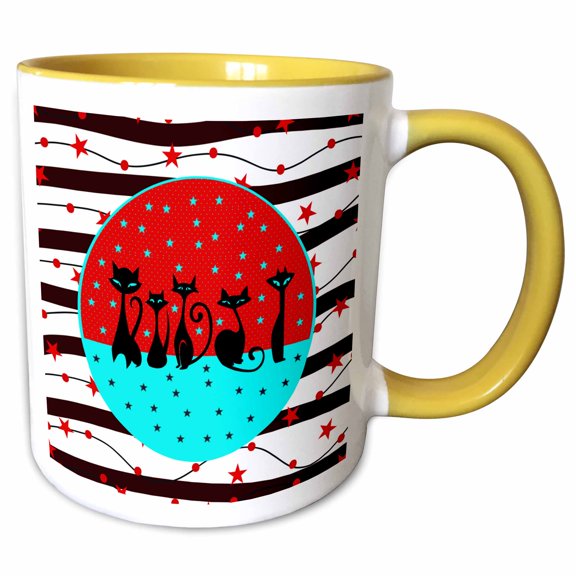 3drose, Image of Five Black Cats, Aqua Eyes, Stars, Waves, Circle, Red, Black, 11oz Two-tone Yellow Mug