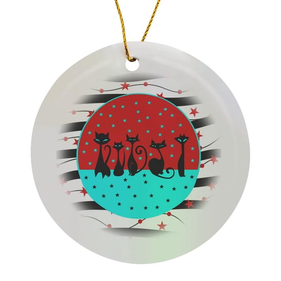 3drose, Image of Five Black Cats, Aqua Eyes, Stars, Waves, Circle, Red, Black, Circle Porcelain Ornament