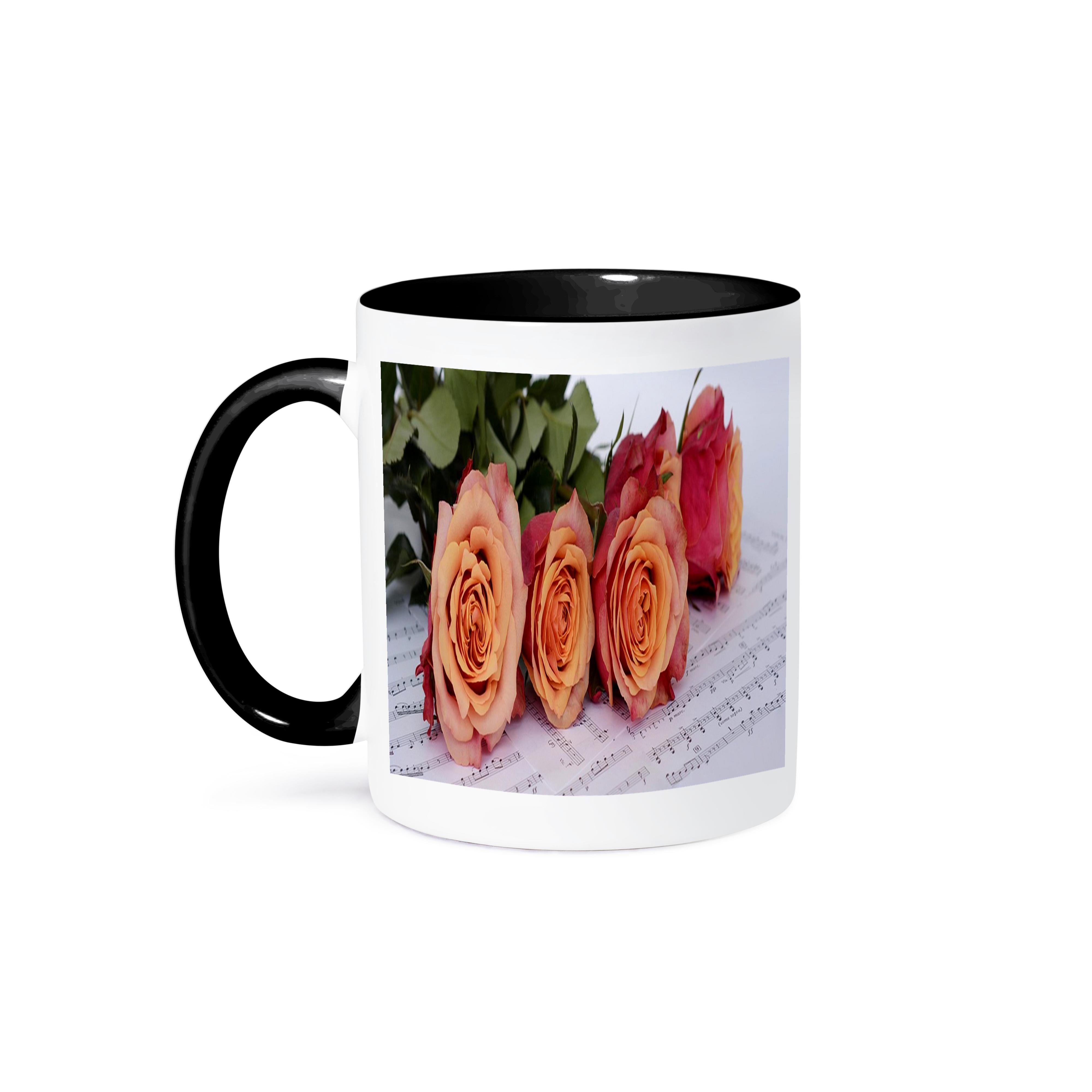 Image Of Five Primrose Roses On Music Notes, 15oz Two-Tone Black Mug ...