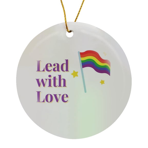3drose, Image of Flag with Text of Lead with Love, Circle Porcelain Ornament