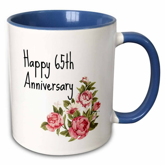 3drose, Image of Floral Happy 65th Anniversary Quote, 15oz Two-tone Blue Mug