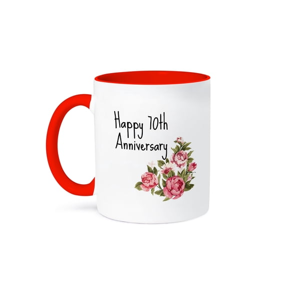 3dRose, Image of Floral Happy 70th Anniversary Quote, 15oz Two-Tone Red Mug