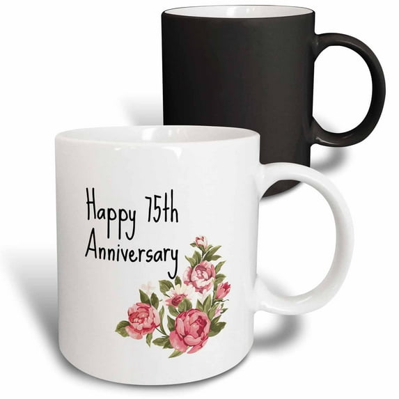 3drose, Image of Floral Happy 75th Anniversary Quote, 11oz Magic Transforming Mug