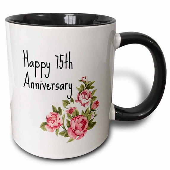 3drose, Image of Floral Happy 75th Anniversary Quote, 11oz Two-tone Black Mug