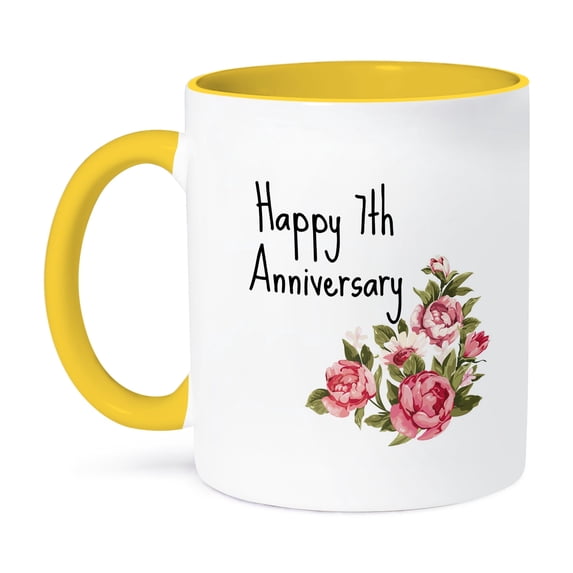 3dRose, Image of Floral Happy 7th Anniversary Quote, 15oz Two-Tone Yellow Mug