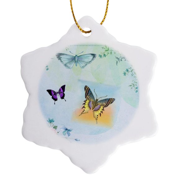 3drose, Image of Flower Scrolls and Three Butterflies Watercolor, 3 inch Snowflake Porcelain Ornament