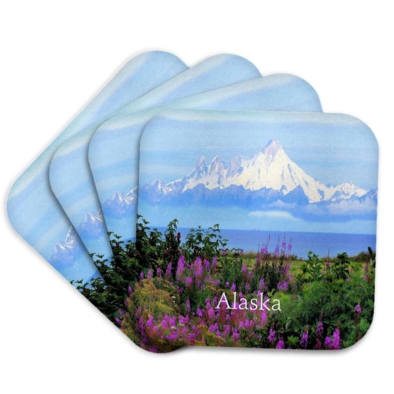 3drose, Image of Flowers and Mountains in Alaska Photo, Set of 4 Coasters - Soft